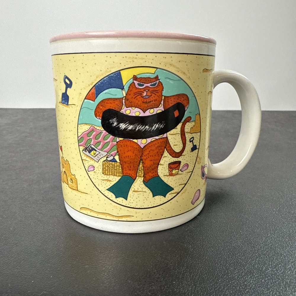 Vintage Nancy Carlson Coffee Mug 1985 Japan Midwest Importers Cat Beach Vacation